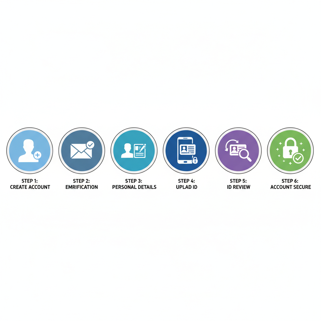 step-by-step icons of account signup process, ID verification checkmarks, secure lock icons, minimalist design