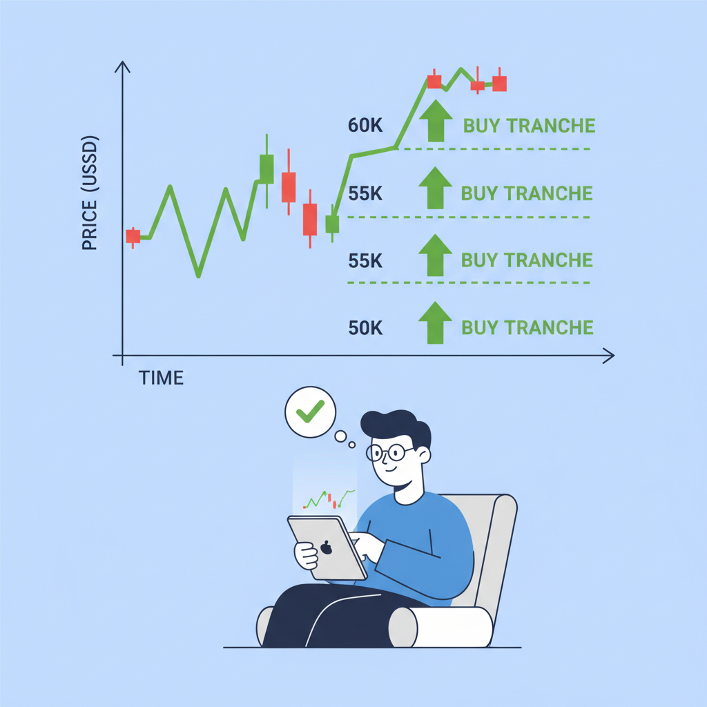 crypto chart with buy tranches marked at 60K 55K 50K, green buy arrows, patient investor watching