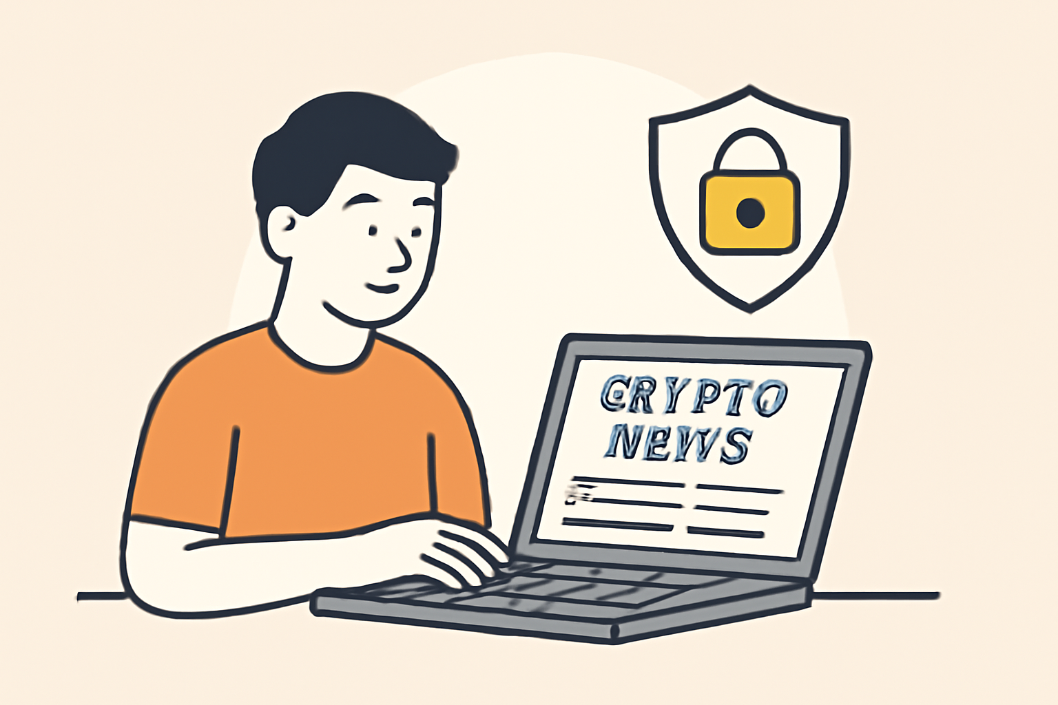 A person reading crypto news on a laptop, with a lock and shield icon for security