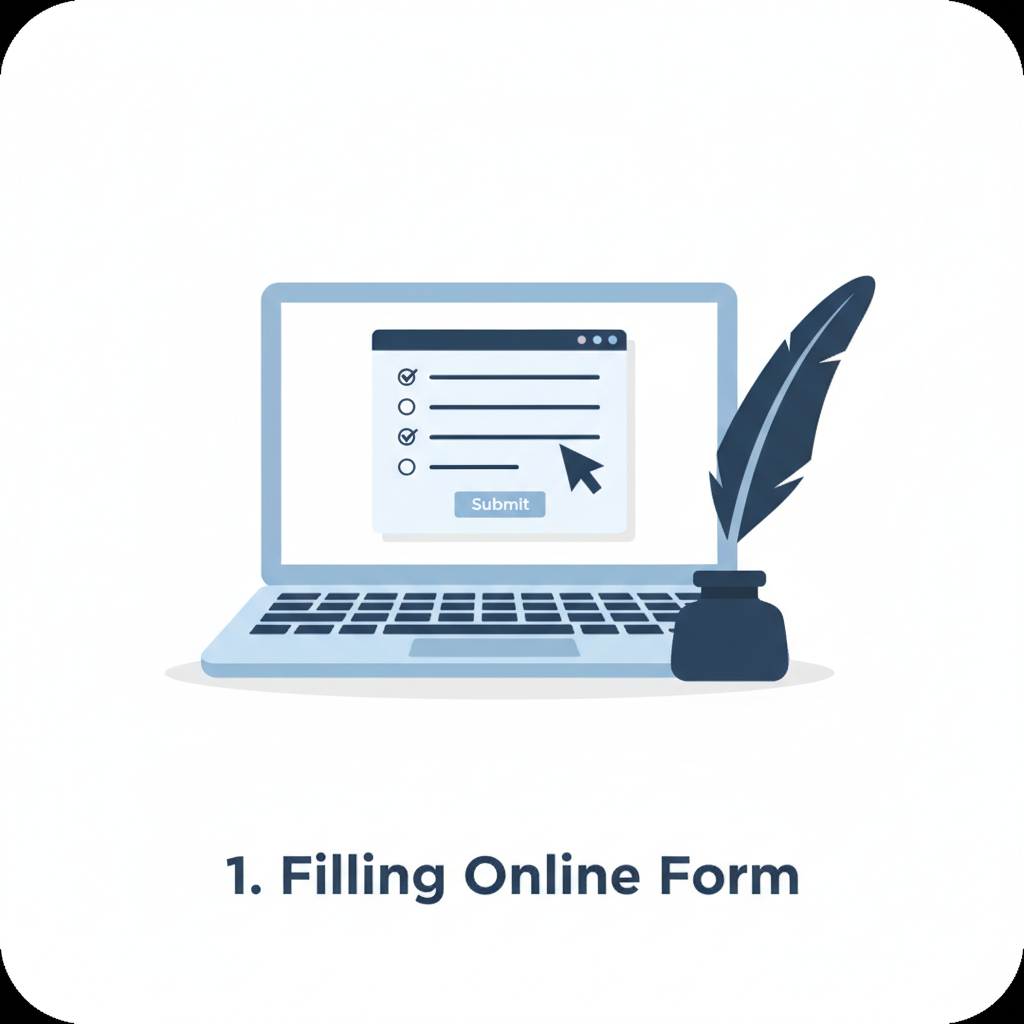 step-by-step icons of filling online form, uploading ID, verification checkmark, professional style