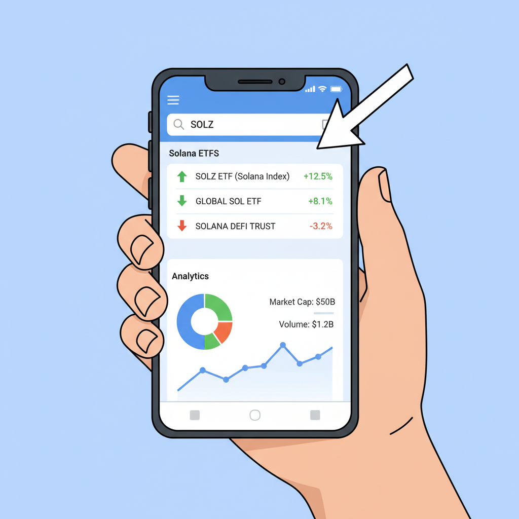 trading app search for 'SOLZ' displaying Solana ETF listings and analytics