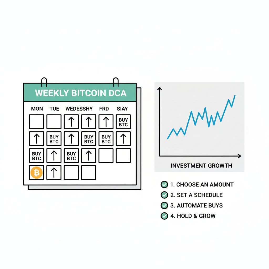 calendar with weekly bitcoin buy arrows DCA chart rising trend