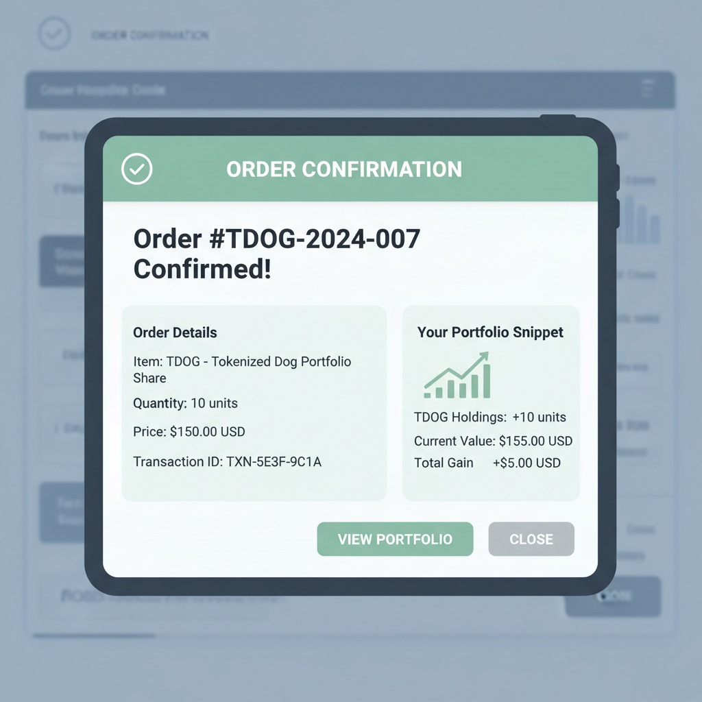 order confirmation popup with TDOG details, green success checkmark, portfolio snippet