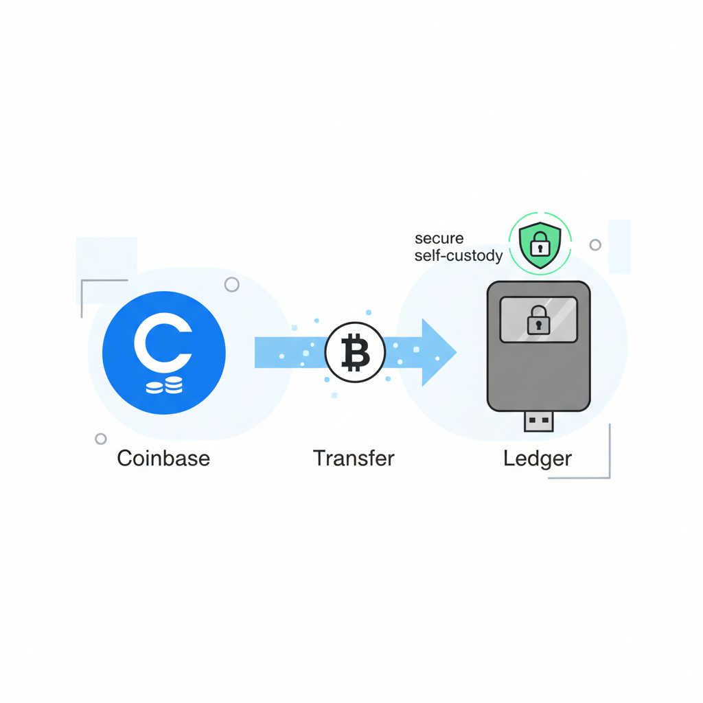 Bitcoin transfer from Coinbase to Ledger hardware wallet, secure self-custody icon