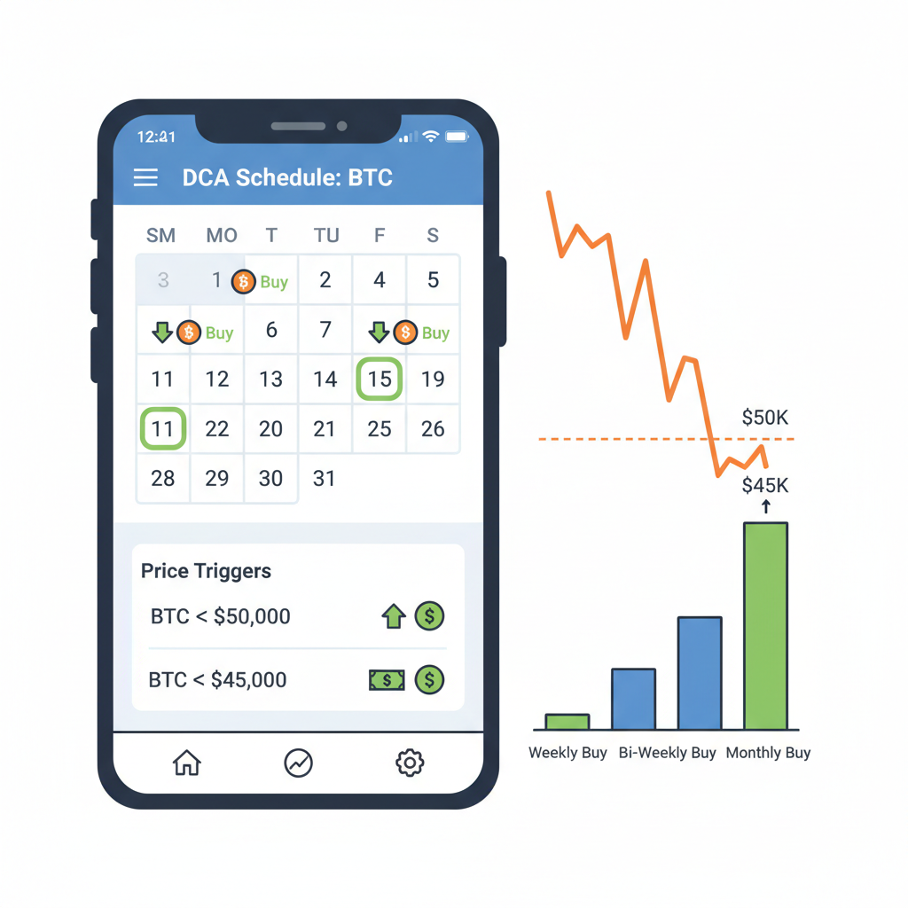 calendar app showing DCA schedule for Bitcoin buys at price levels, charts dipping to 50K, simple icons