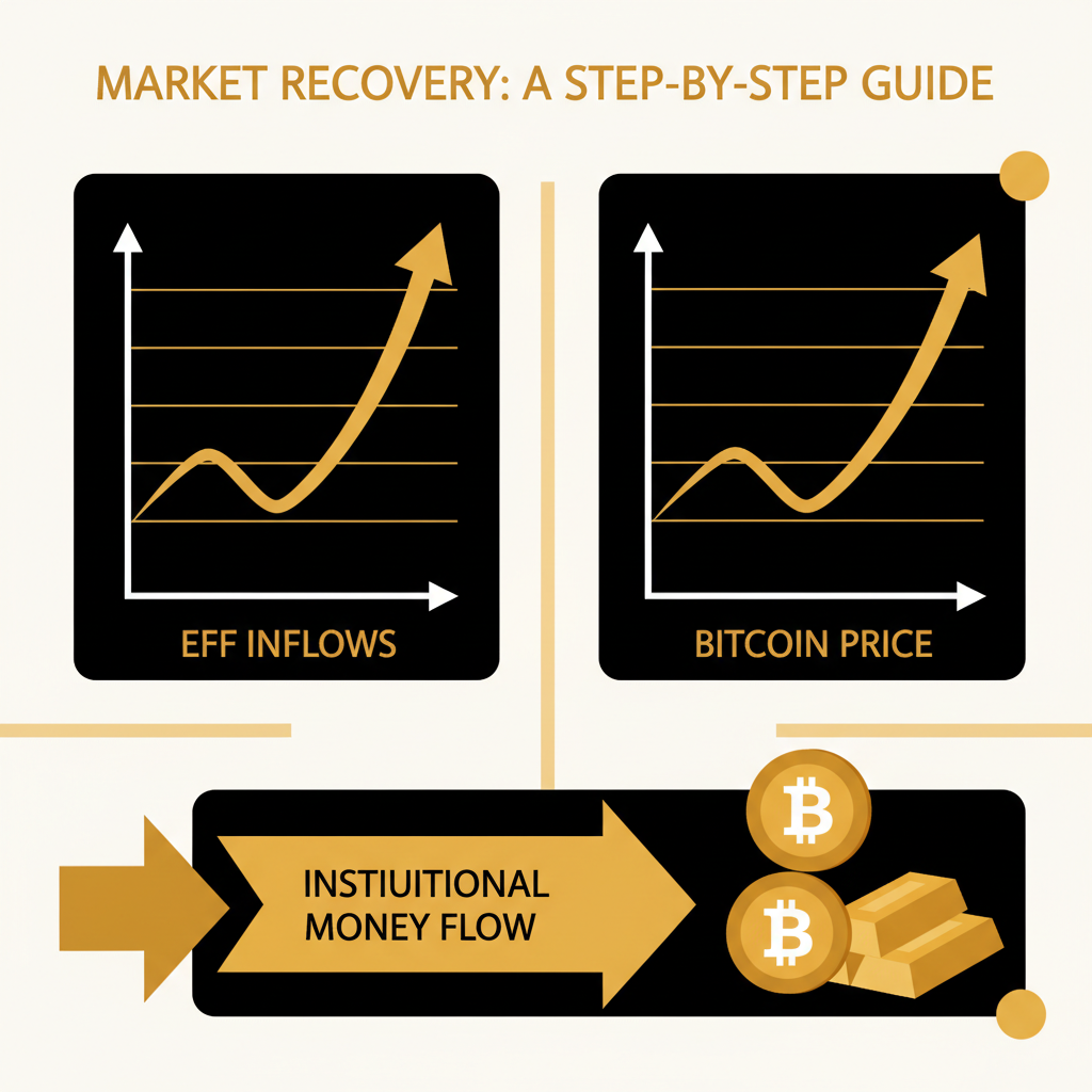 ETF inflow chart rebounding up, bitcoin price recovery graph, institutional money flow arrows, bullish gold tones