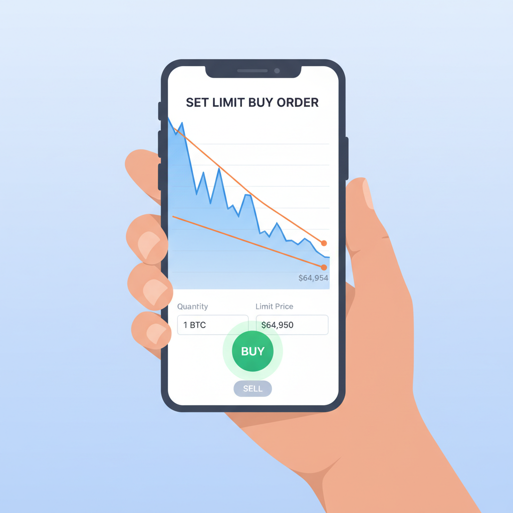 setting limit buy order on trading app, price chart showing $64,954 dip, buy button highlighted