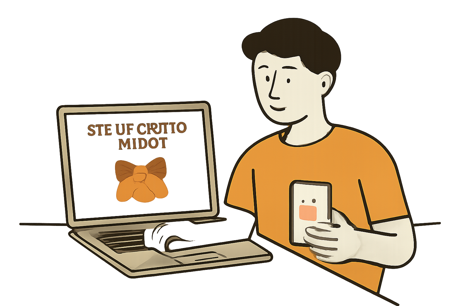 A person setting up a crypto wallet on their laptop and phone, with MetaMask fox logo visible