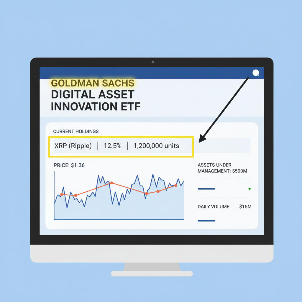 ETF details page zoom on XRP holdings, Goldman Sachs mention highlighted, price chart at $1.36, data tables