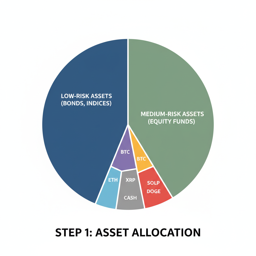 pie chart portfolio allocation, small risk slices for BTC ETH XRP SOL DOGE