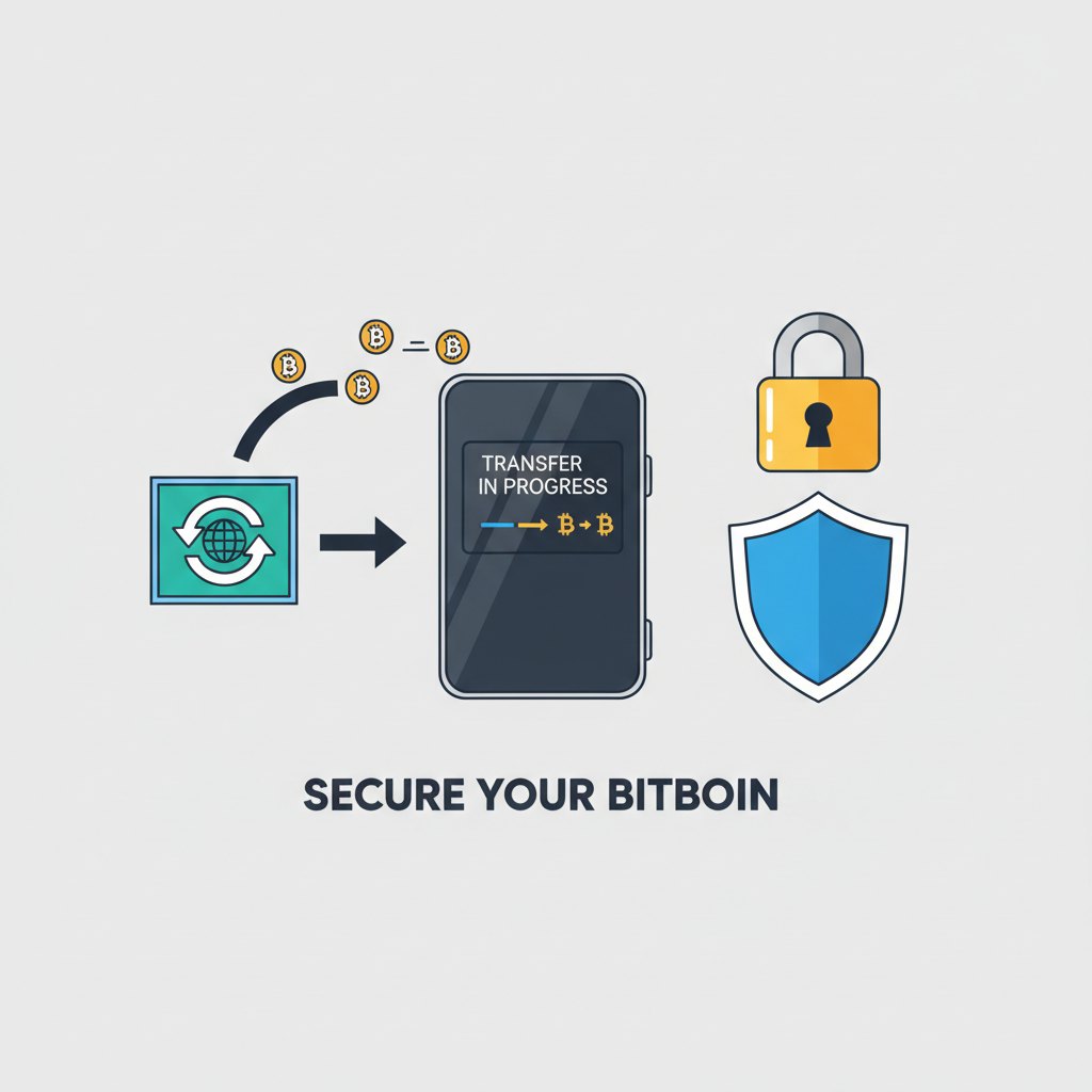hardware wallet device with BTC transferring from exchange, padlock and shield
