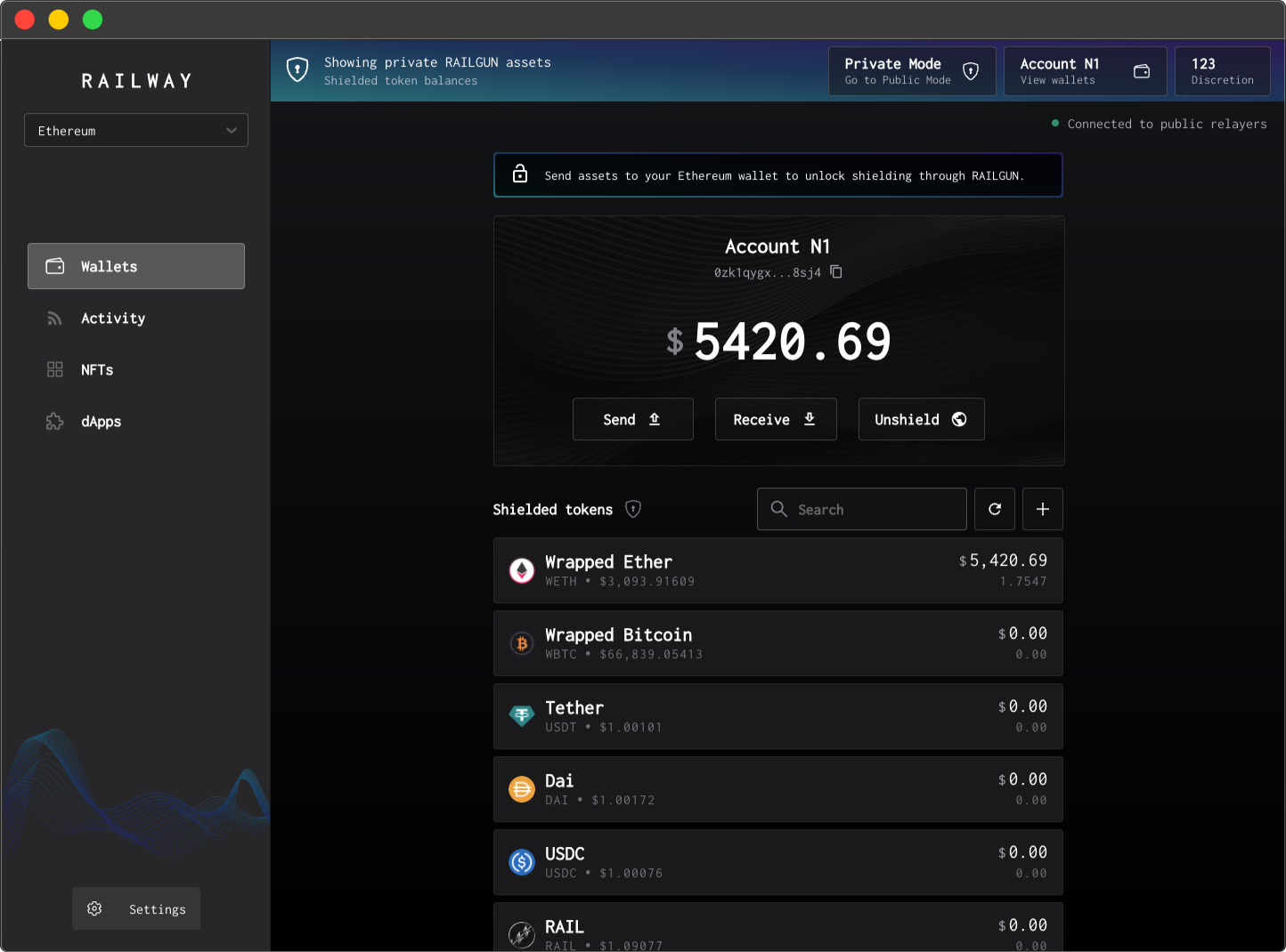 Ethereum wallet shielded balance feature