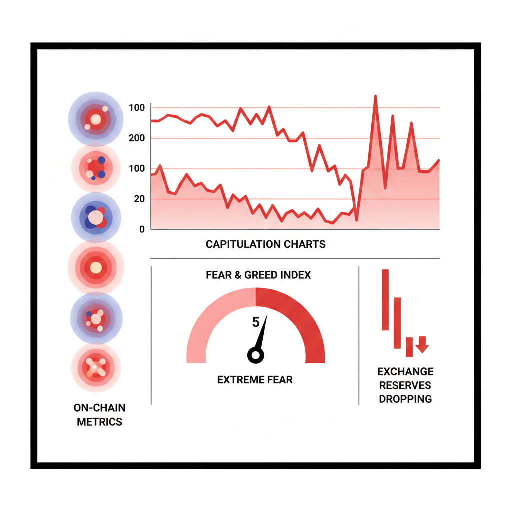 crypto dashboard with red capitulation charts, fear greed index at 5, exchange reserves dropping, on-chain metrics glowing