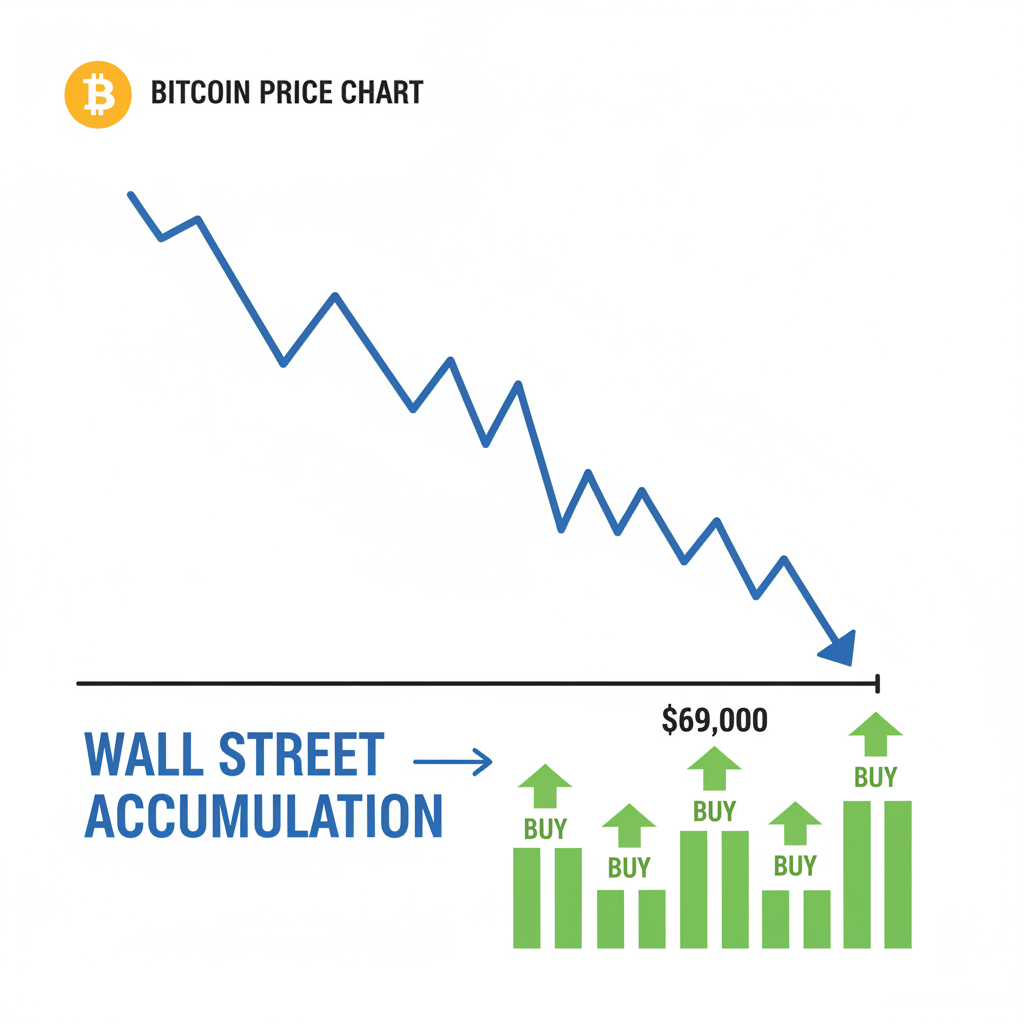 Bitcoin price chart dipping to $69K with Wall Street accumulation signals, green buy arrows, professional finance style
