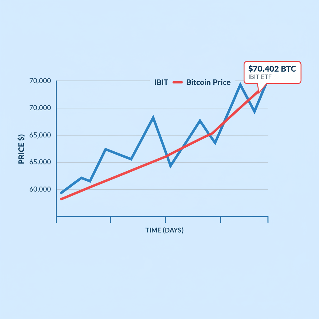 stock chart showing IBIT ETF with Bitcoin price overlay at $70,402