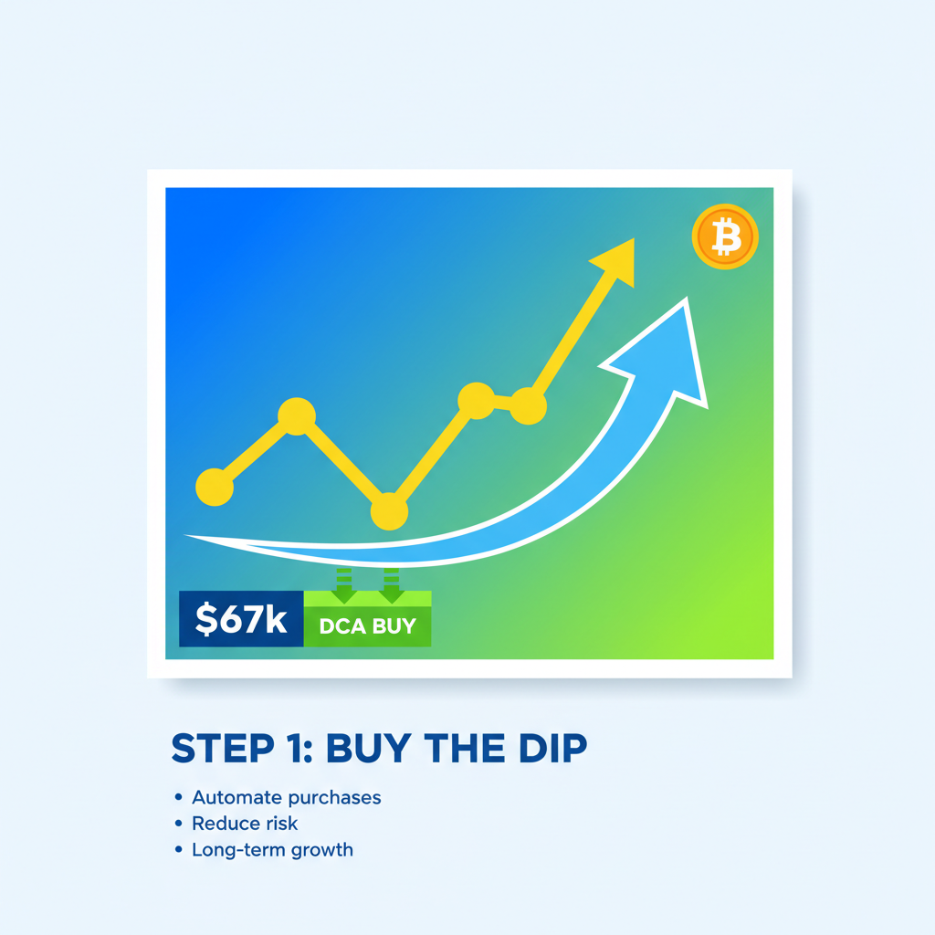 vibrant chart showing DCA buys on Bitcoin dip at $67k with upward arrow
