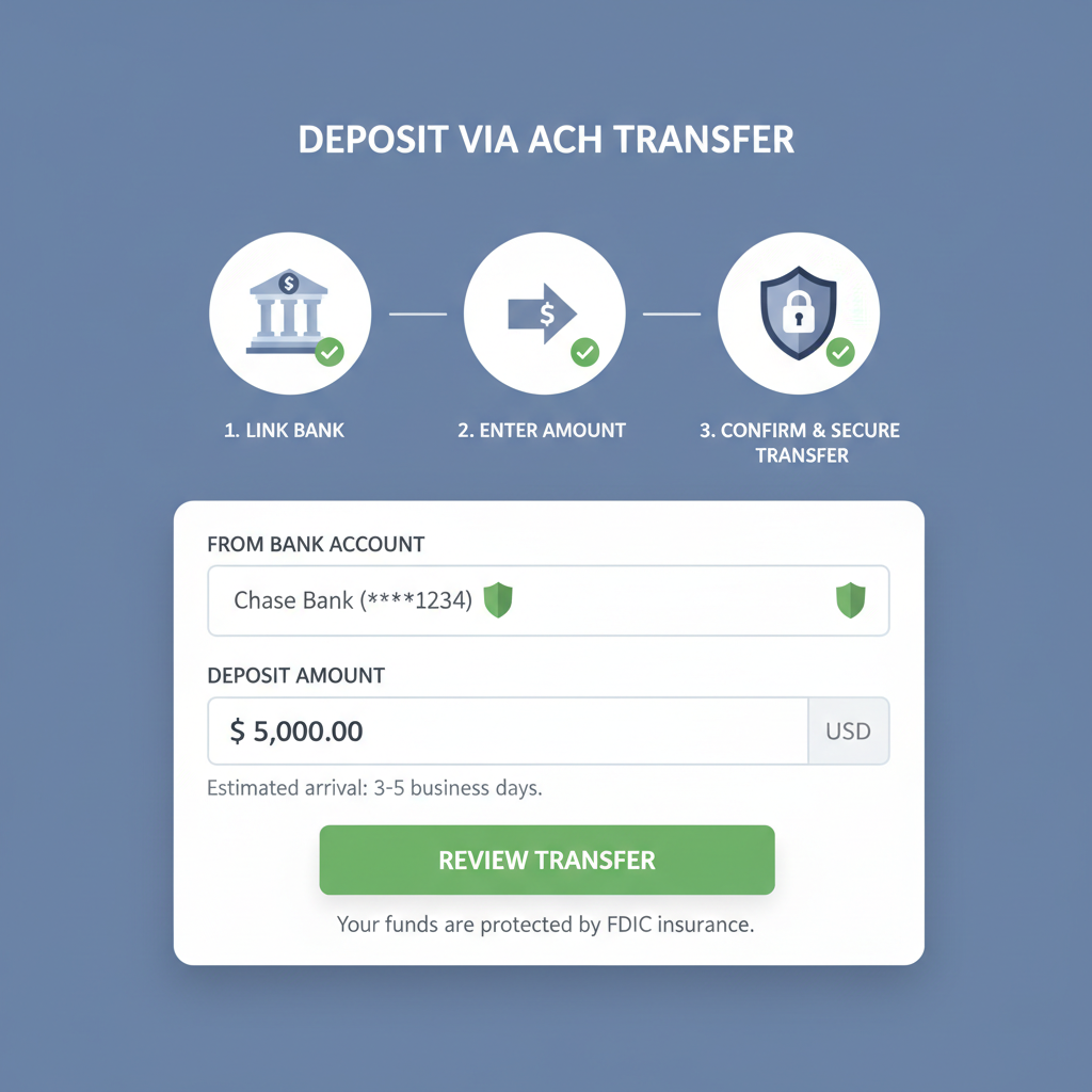 bank ACH deposit screen on crypto exchange, secure transfer icons, green checkmarks