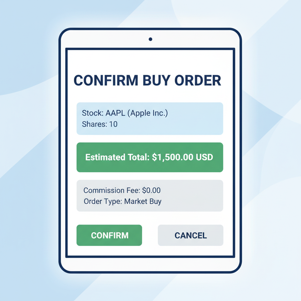 buy order confirmation screen in brokerage interface