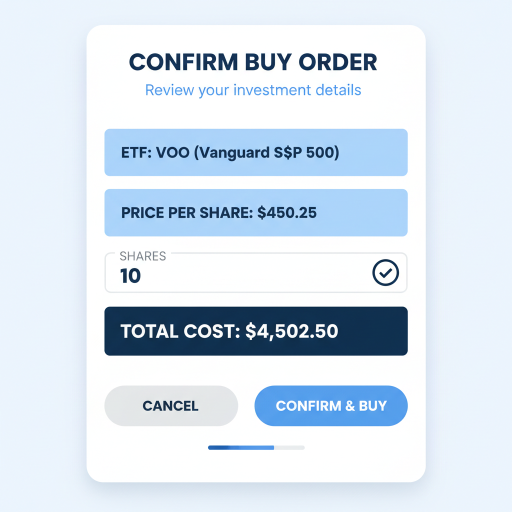 detailed ETF buy order screen with price, shares, total cost confirmation