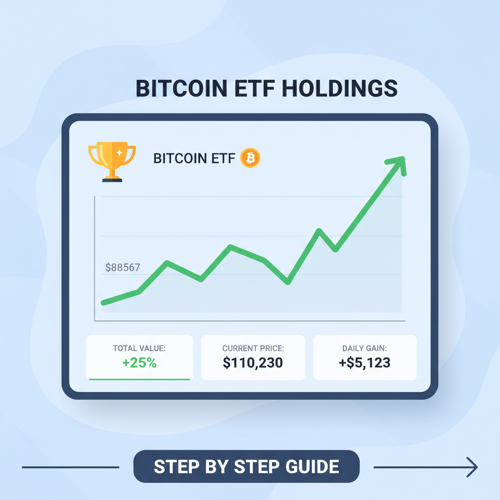 portfolio dashboard with Bitcoin ETF holdings, rising chart from $88567 dip, trophy icon