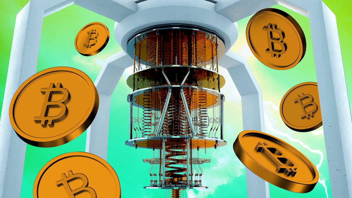 Illustration of quantum computers attacking a secure Bitcoin vault, symbolizing quantum threats to cryptocurrency security