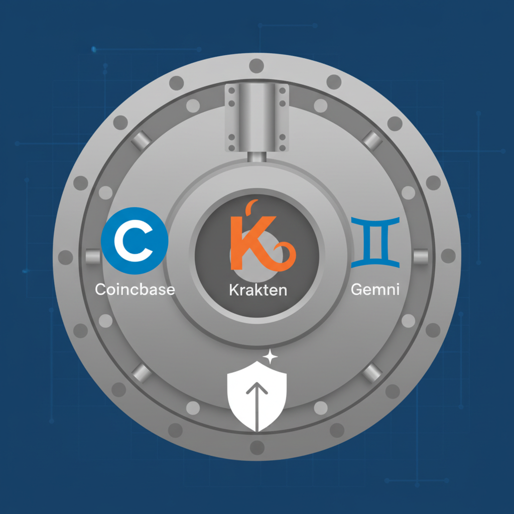 logos of Coinbase Kraken Gemini on secure vault background, beginner shield icon
